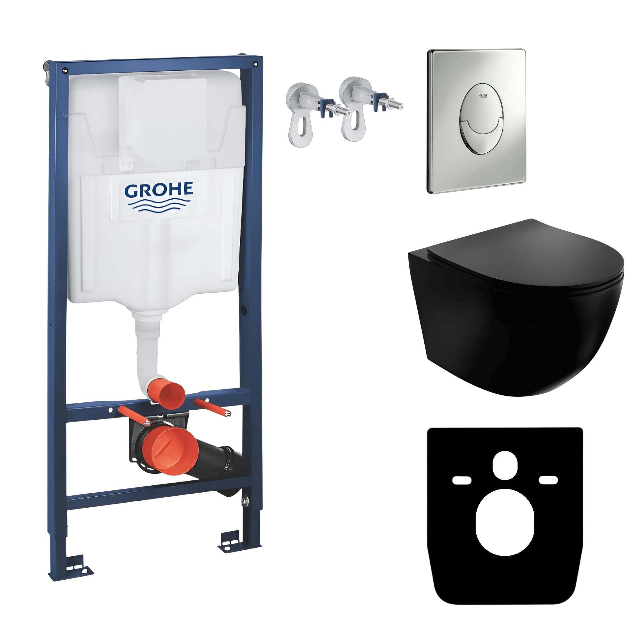 GROHE Vorwandelement Sinto Start + Wand Hänge WC Salto Schwarz Spülrandlos + + WC Sitz mit Absenkautomatik Verchromter Knopf Komplettset Unterputz Spülkasten Toilette Komplett Sett WC