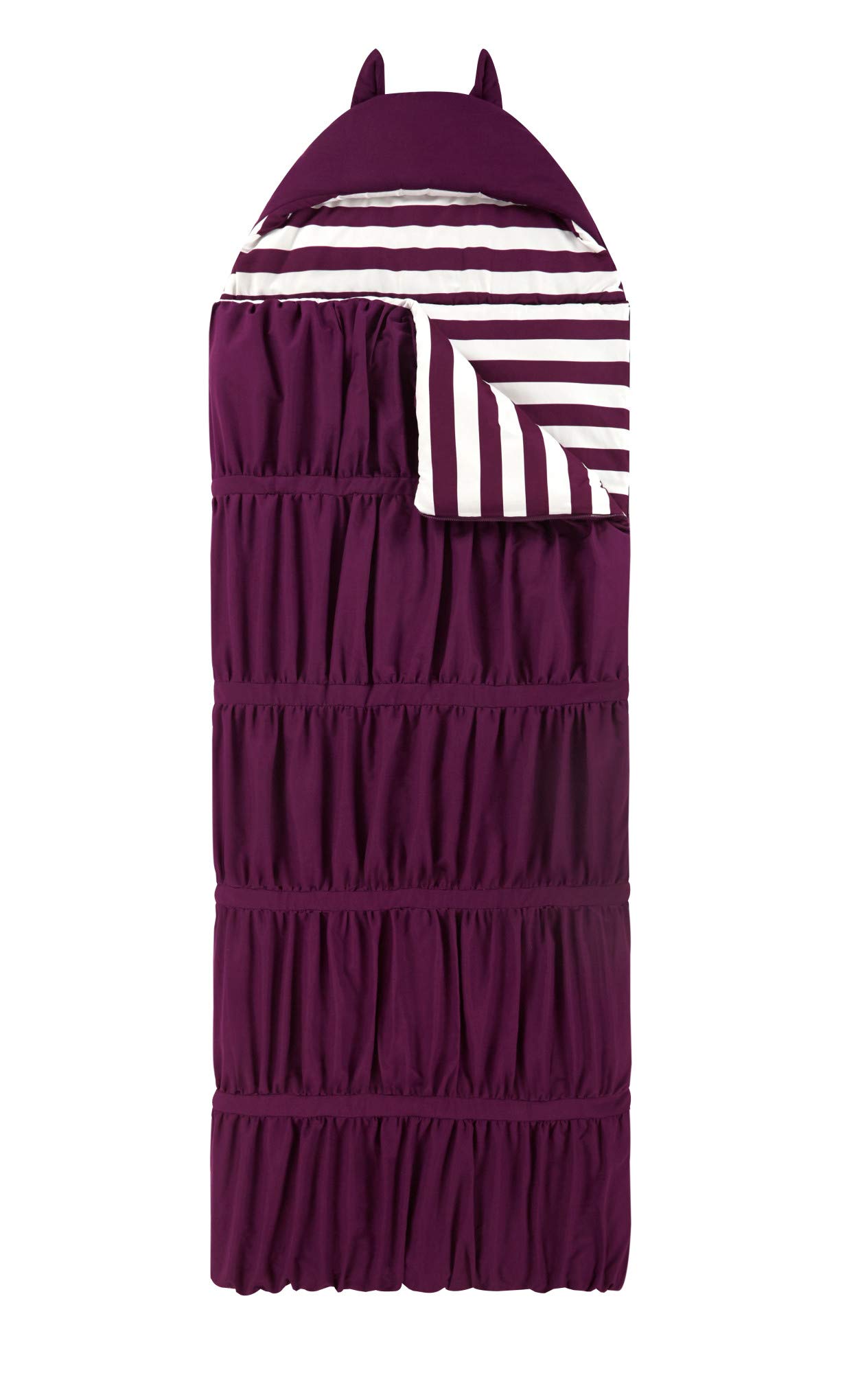 Chic Home Skai Sleeping Bag with Cat Ear Hood Ruched Ruffled Design with Striped Interior for KidsTeens & Young Adults Zipper Closure32 x 75", 32 x 75, Purple