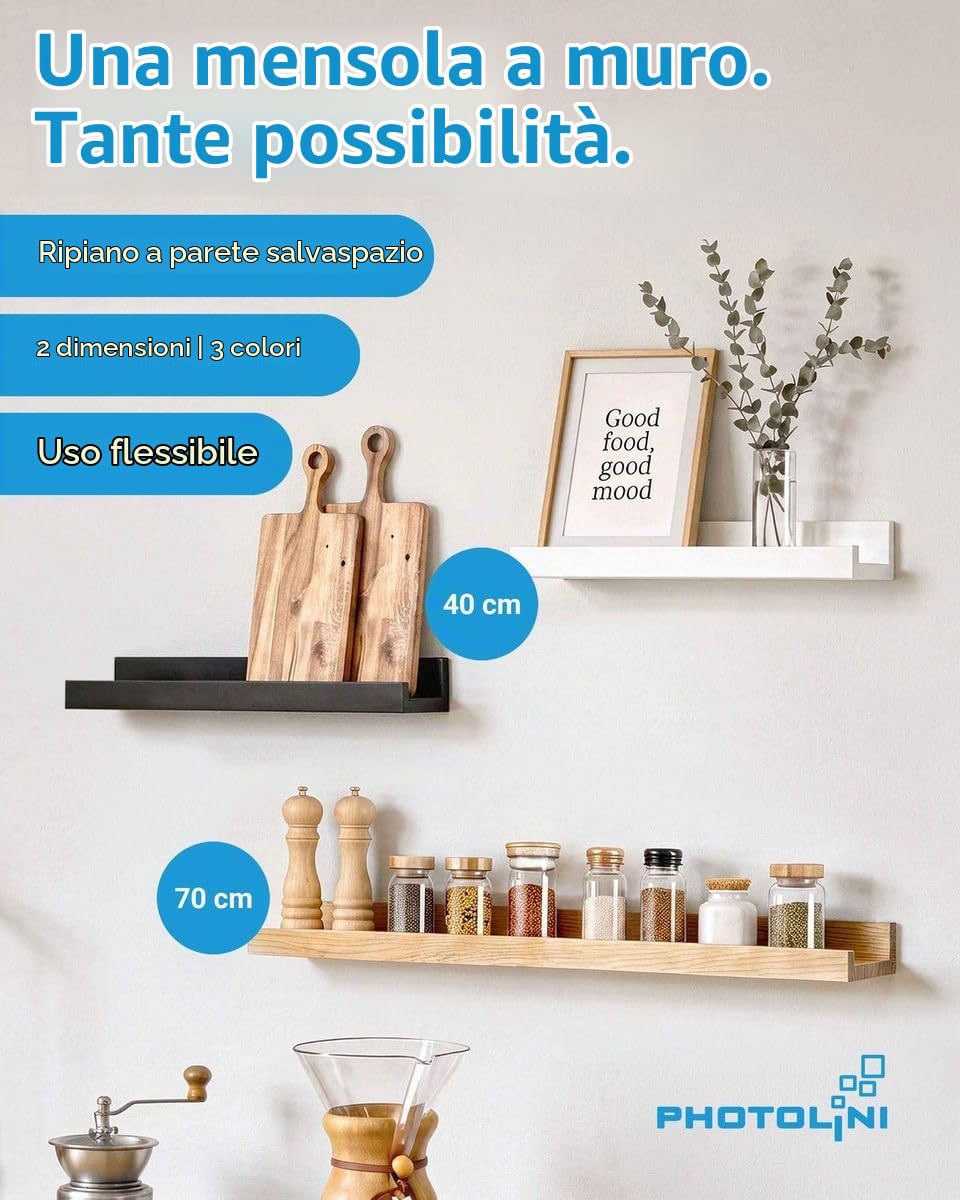 PHOTOLINI Mensola per foto, stabile in legno MDF bianco 70 cm, pannello galleria, set da 2, pannello da parete per foto, poster, per una configurazione flessibile, forma a U, facile da montare