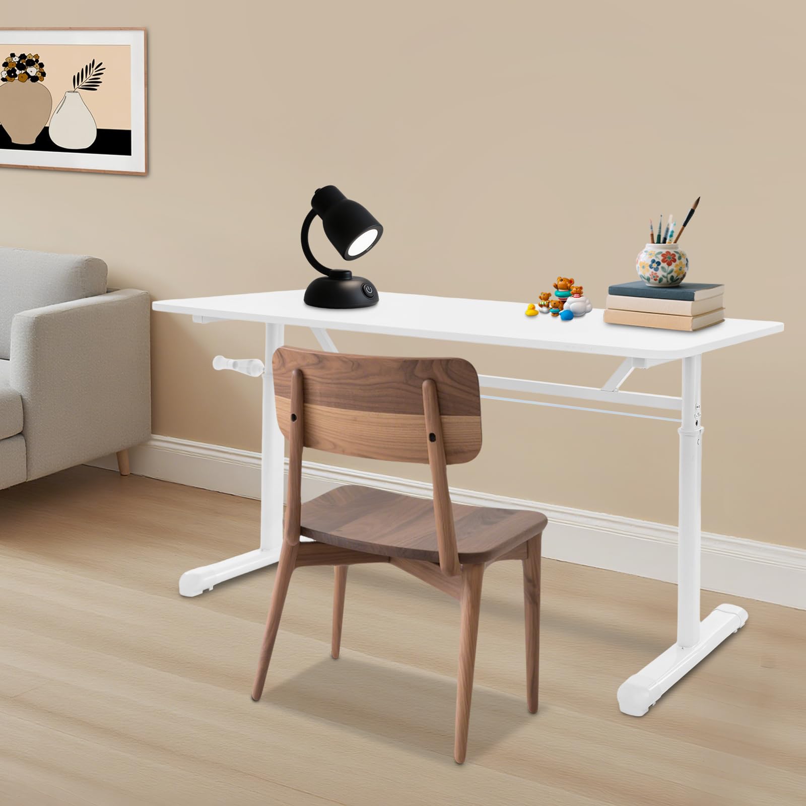 Scrivania regolabile in altezza, scrivania 120 x 60 cm, piano 1,5 cm, spessore tavolo da ufficio, 65 – 90 cm, altezza con struttura in ferro per ufficio, casa, ufficio (bianco)