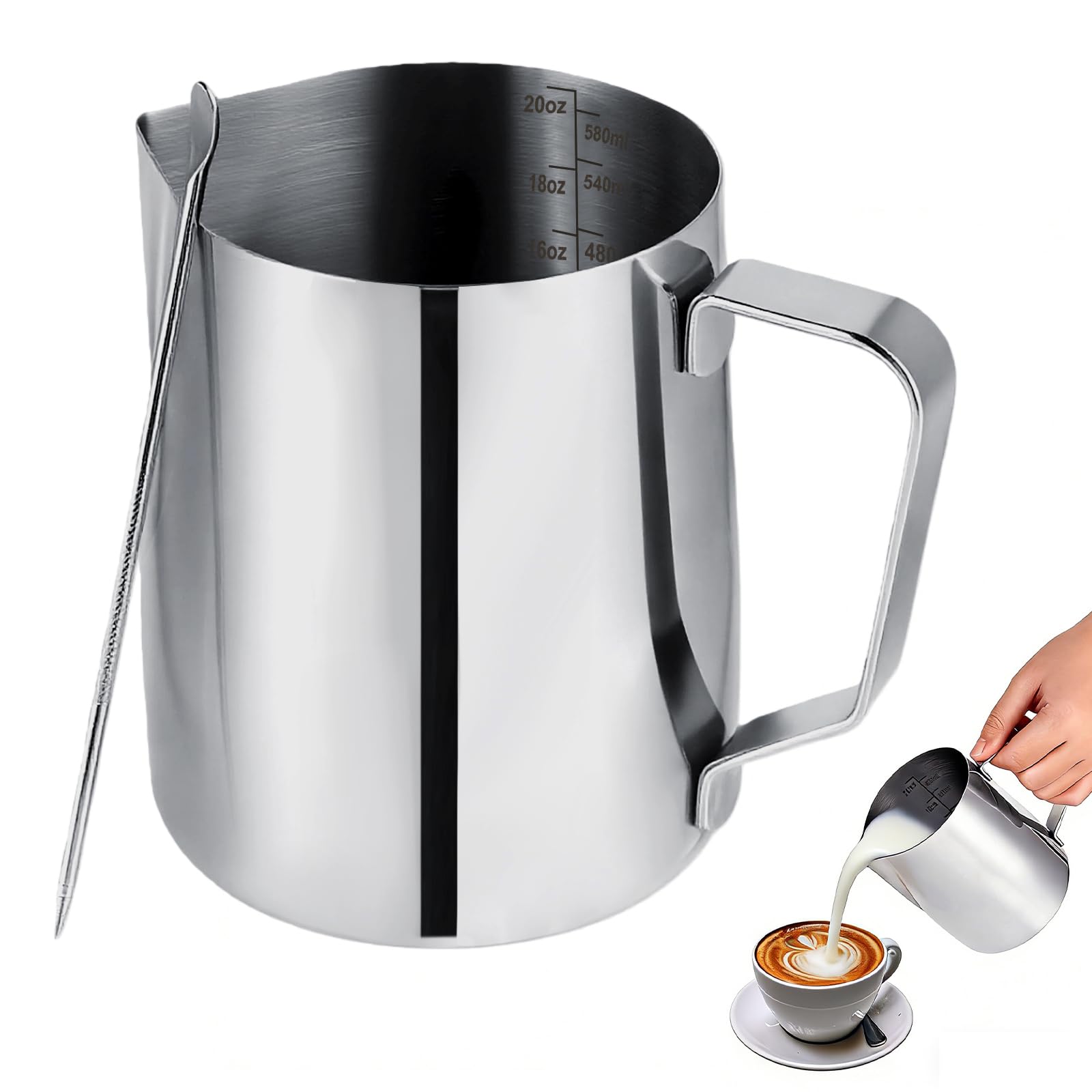 Mokarya Coffee Milk frother jug – 600ml Milk jug for Coffee Machine with Latte Art Pen, Metal Milk Frothing jug Set for Barista-Style Cappuccino and Espresso Drinks