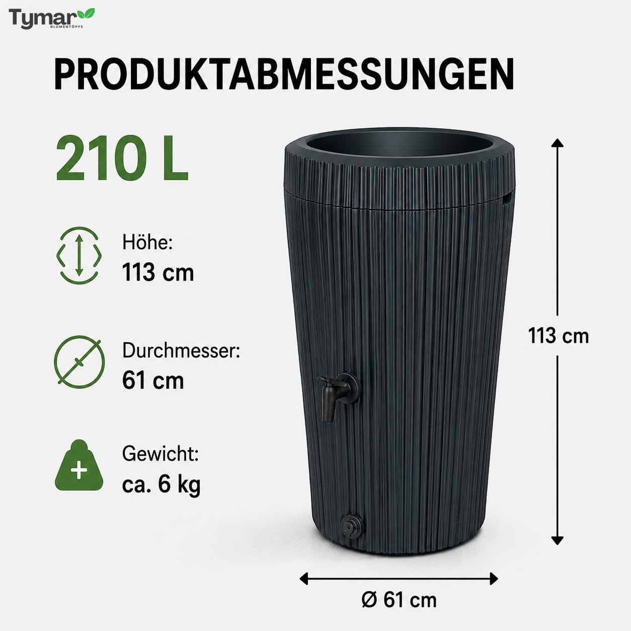 Zbiornik na deszczówkę, 210 l, pojemnik na wodę do ogrodu, zbiornik na deszczówkę