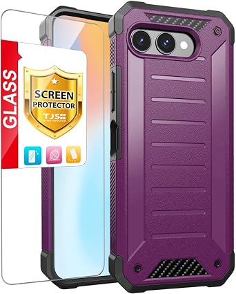 TJS Compatible with T-Mobile Revvl 8 TMRV085G Case, with Tempered Glass Screen Protector, Premium Tough Lined Design Hybrid Shockproof Heavy Duty Phone Case Cover Purple+SCP