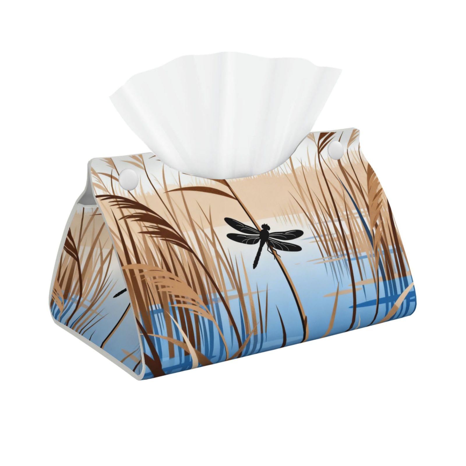 Reeds Dragonfly Pond Long Leather Tissue Box Cover-Waterproof PU Leather Tissue Holder for Bathroom, Decorative Rectangular Tissue Case