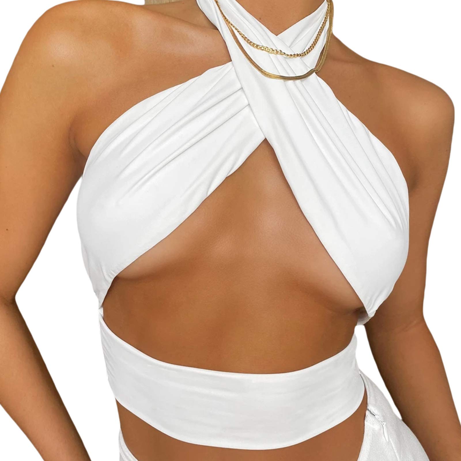 GuliriFei Las mujeres Sexy Crisscross Crop Top Cutout Halter Neck Lace Up sin mangas Strappy Tie Backless Tank Top Y2K Basic Tees Shirts