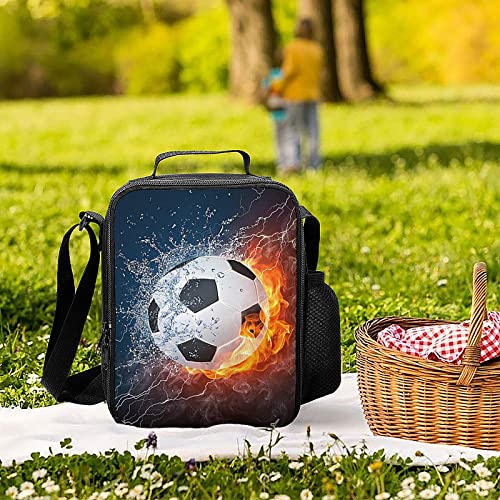 Insulated Durable Lunch Box With Shoulder Strap, Kids/Adult Fire And Water Soccer School Lunch Bag, Lunch Tote Box Bag For Office/ School/ Picnic/ Beach #TOP3