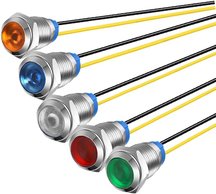 5Pcs 10mm 110V-220VAC LED Metal Indicator Light Waterproof Signal Lamp (Green/Orange/Red/Blue/White 5Pcs)