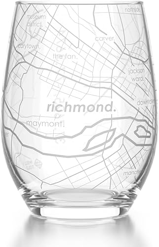 Well Told Copa de Vino de Mapa de Richmond, Virginia, Sin Tallo, Grabada, Vidrio Grabado (15 oz, Transparente) Regalos Personalizados de la Ciudad