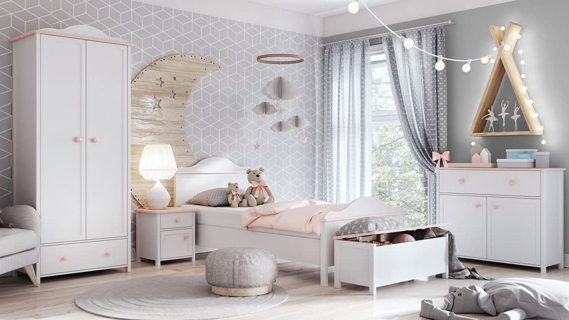 Furniture24 Nachttisch Luna LN7 Nachtschrank Nachtkästchen mit Tür und Schublade Alpinweiß/Rosa Mädchenzimmer Kinderzimmer