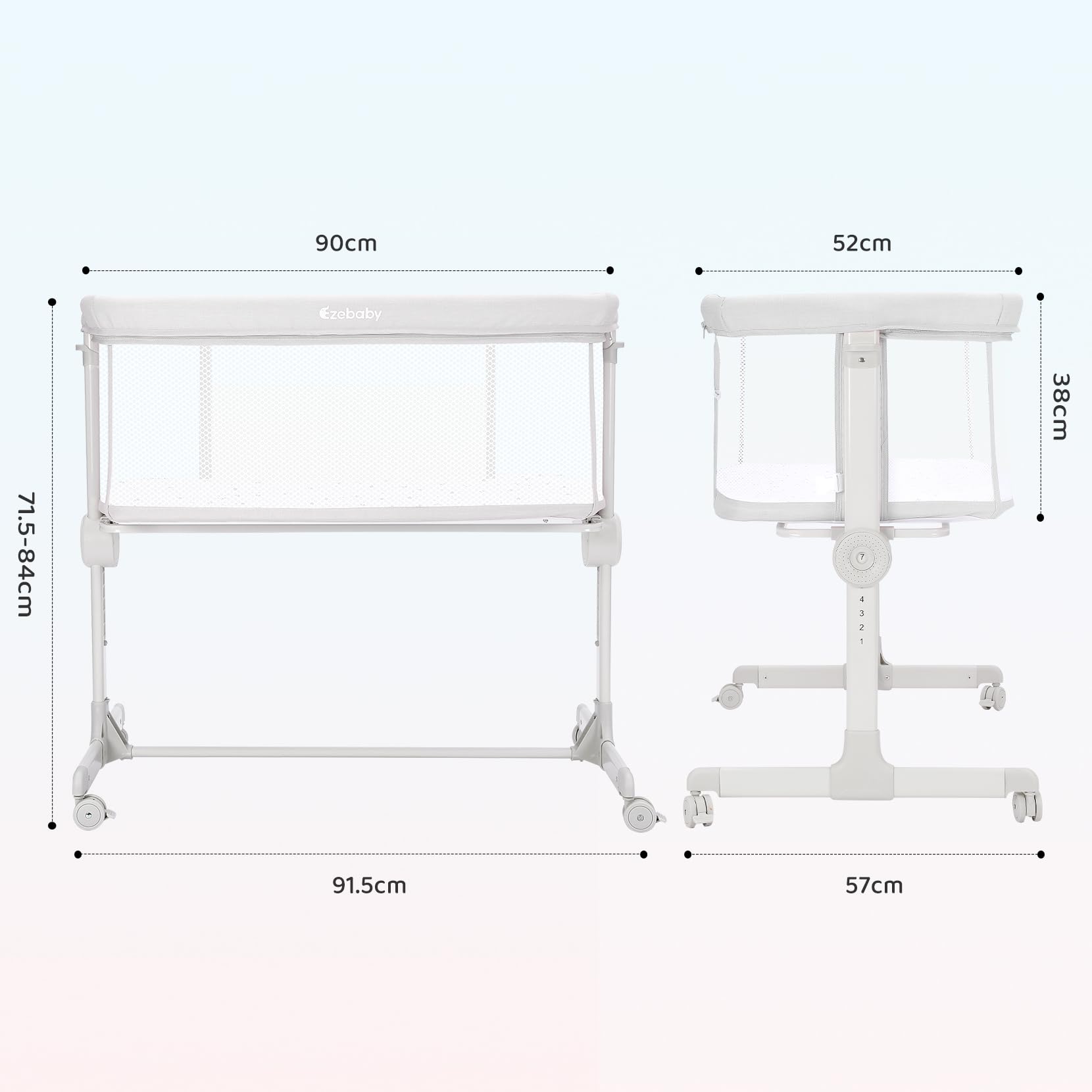 Ezebaby Lit Cododo, Berceau Bébé 2 en 1, dès la Naissance et jusqu'à 9kg, 7 Réglage de la Hauteur, avec Matelas Roues Fenêtres Latérales en Maille (Gris Clair)