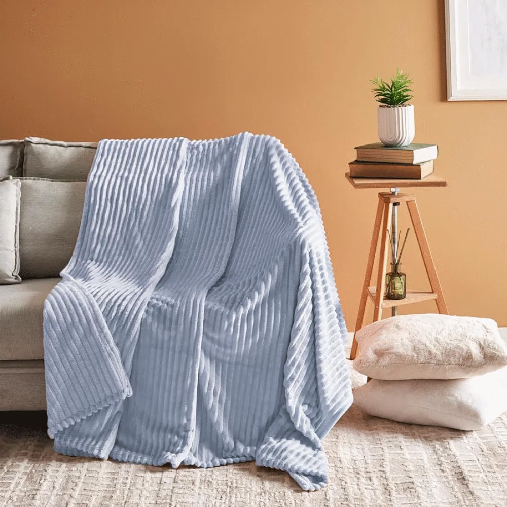Karaca Ruby Stripe Wellsoft Blanket - 200x220cm, Versatile Soft Warm Blanket Fluffy Throws for Sofa Double, Blue