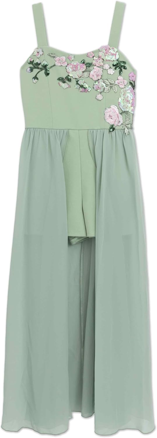 Speechless Girls' Floral Appliqué Romper With Chiffon Walk-through Maxi Skirt Overlay