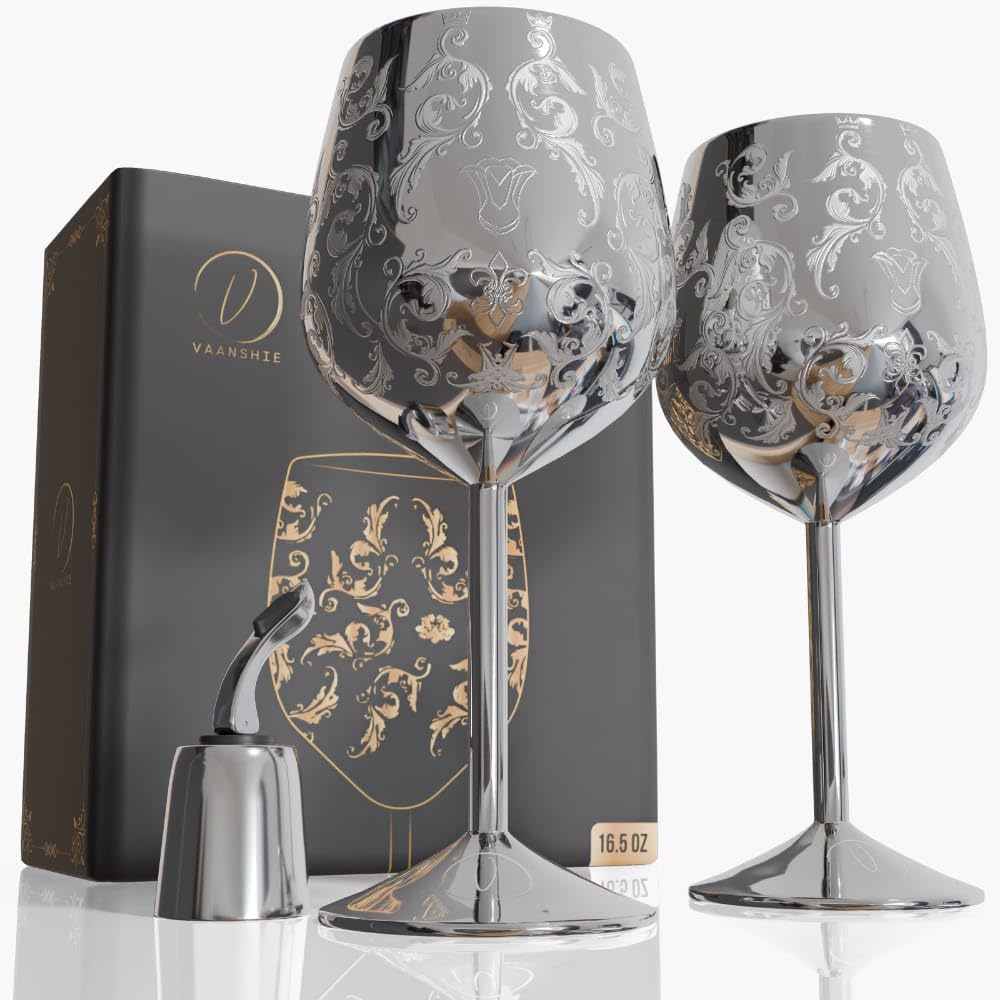 Vaanshie Lot de 2 verres à vin en acier inoxydable 500 ml – Verres royaux gravés plaqués noir avec gravures baroques complexes, verres à vin incassables (argent