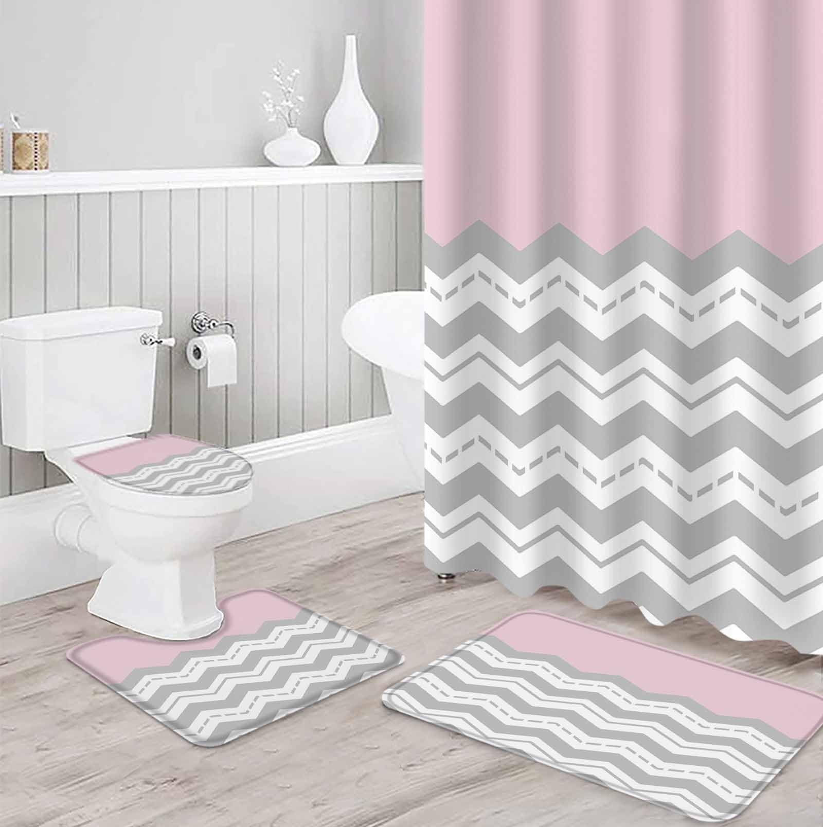 Grey Chevron Bathroom Set with Shower Curtain and Rug and Accessories - 36x72 Inches Long Geometric Pink Print Wavy Striped White Stall Curtain Waterproof with Large Bath Mat, Washable Runner Rug Set