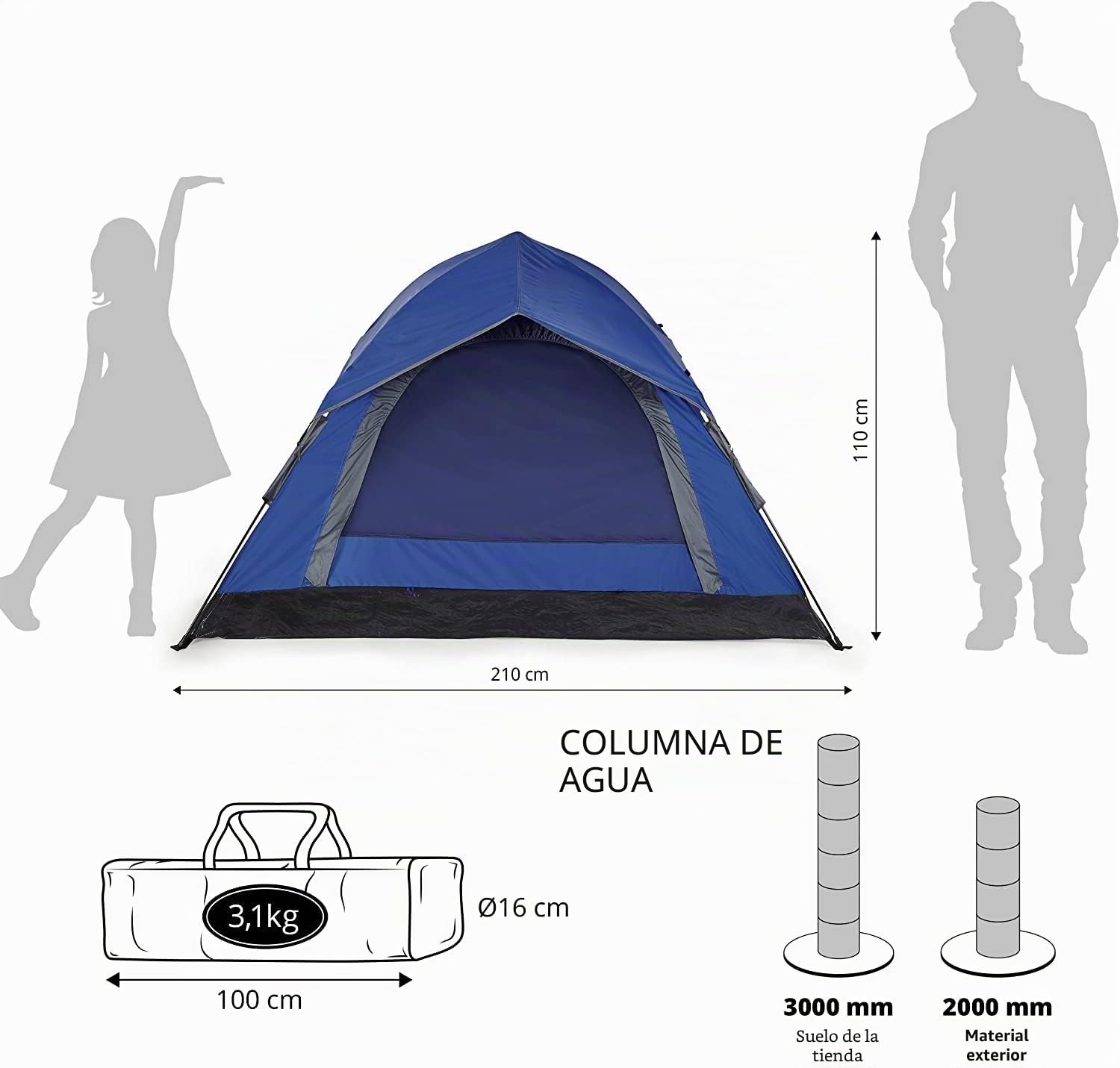 Lumaland Tienda de campaña desplegable | Tienda de campaña para 2-3 Personas 215 x 195 x 120 cm | Tienda de campaña iglú para 4 Estaciones | Tienda de campaña para Senderismo y Festivales al Aire