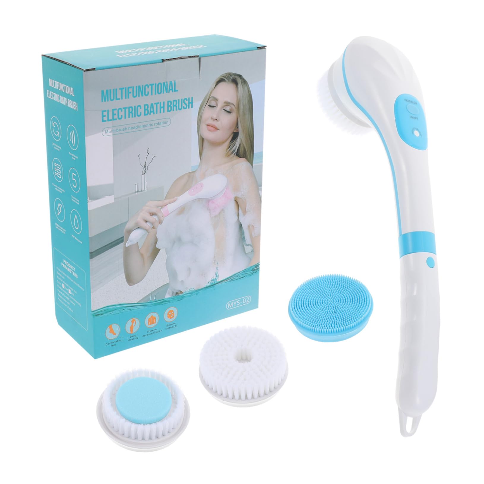 Mikinona Elektrische Rotationsbürste mit Langem Griff Rückenmassagebürste für Dusche Blau ABS Material Inkl Bürstenkopf