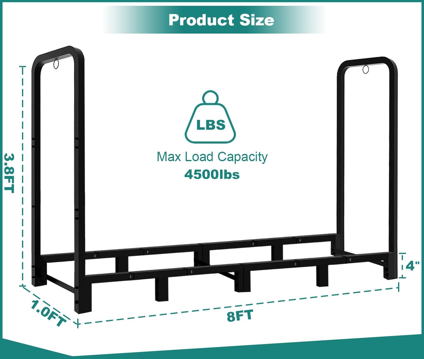 8Ft Firewood Rack Adjustable Fireplace Wood Holder for Outdoor Indoor Storage Log-Heavy Duty Fire Log Lumber Stand Stacker, Black