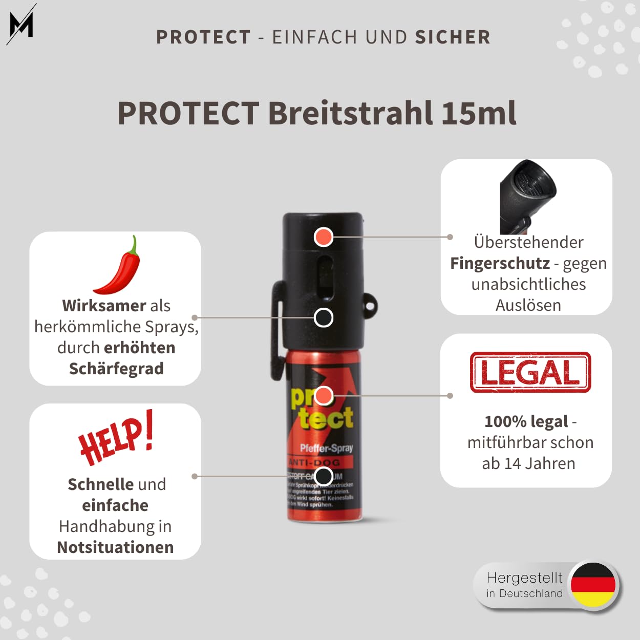 Pfefferspray 15ml Protect Anti-Dog Breitstrahl mit Armband Halterung Holster für Pfefferspray