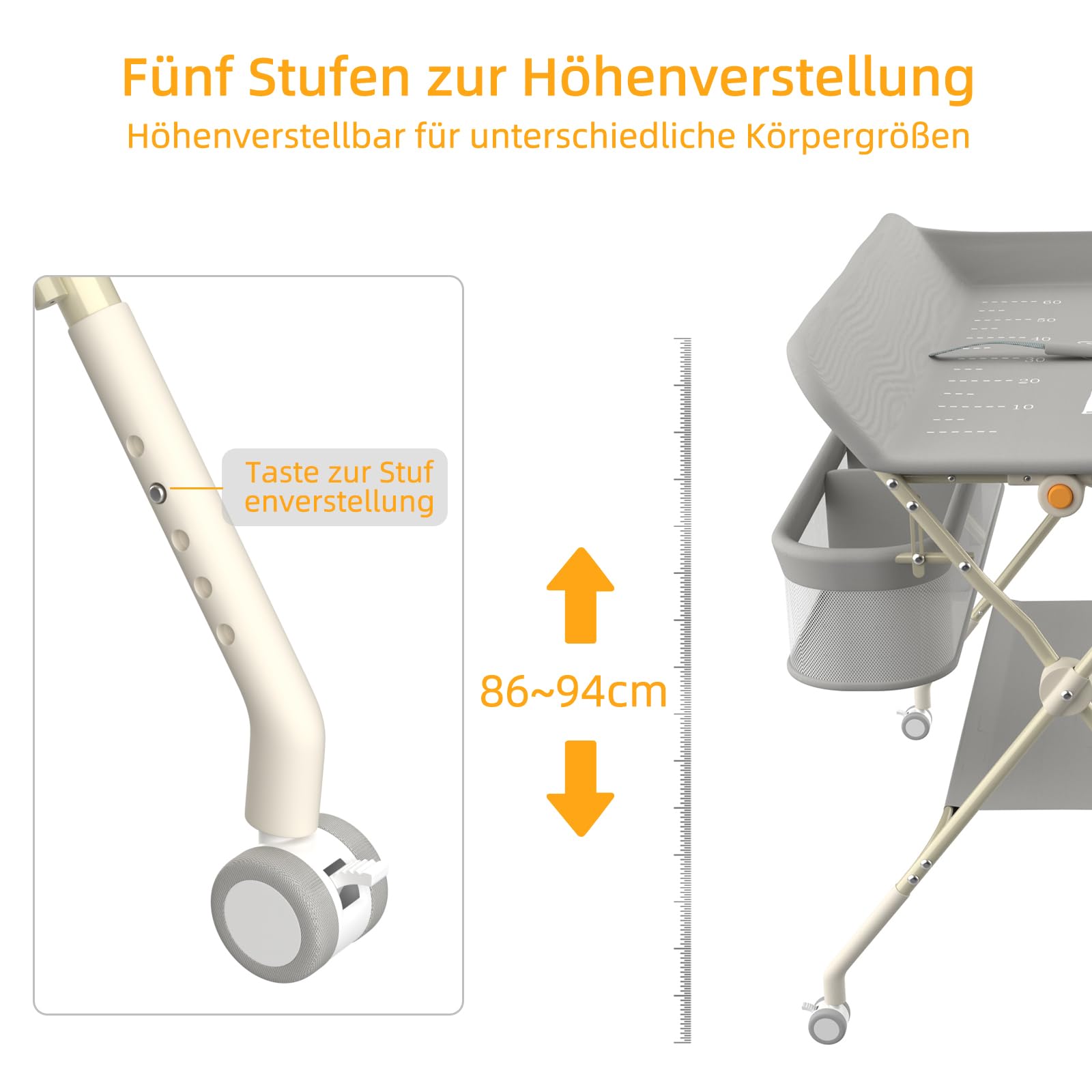 Supfine Cambiador plegable con almacenamiento, altura regulable en 5 niveles, cambiador móvil con cinturón de seguridad y barra para colgar, mesa para cambiar bebés (gris, 4 en 1)
