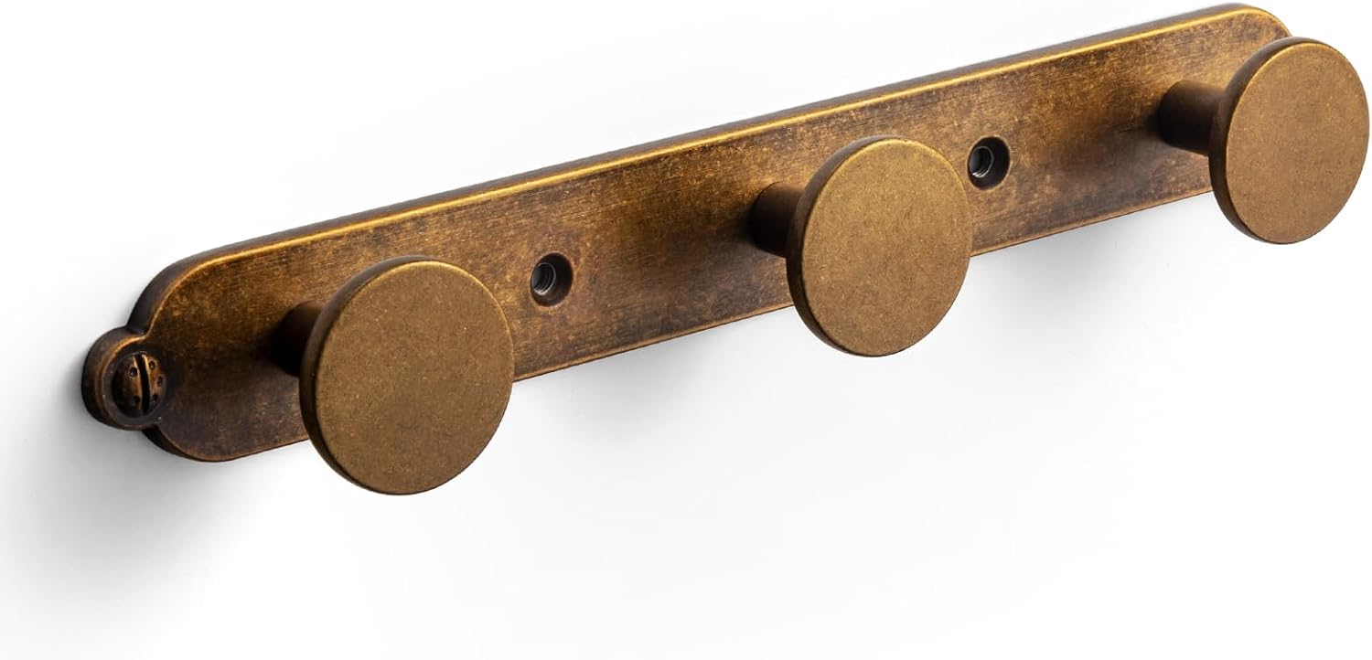 Goo-Ki Antique Brass Coat Rack Wall Mount with Keelplate Backplate, Heavy Duty Zinc Coat Hooks Wall Mounted, Vintage Rustic Hat Hanger and Towel Rack for Entryway, Mudroom, and Bathroom (3 Hooks)