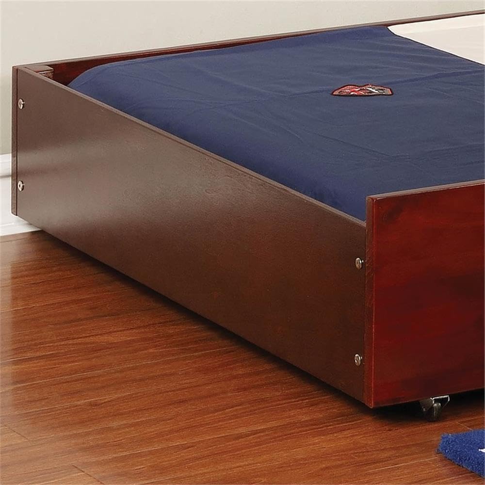 BOWERY HILL Transitional Wood Twin Storage Trundle, Cherry Finish, 74.25 x 40.5 x 10.75 Inches, Solid Wood Frame with Veneer, Caster Wheels, Multi-Purpose Design for Bedroom Use
