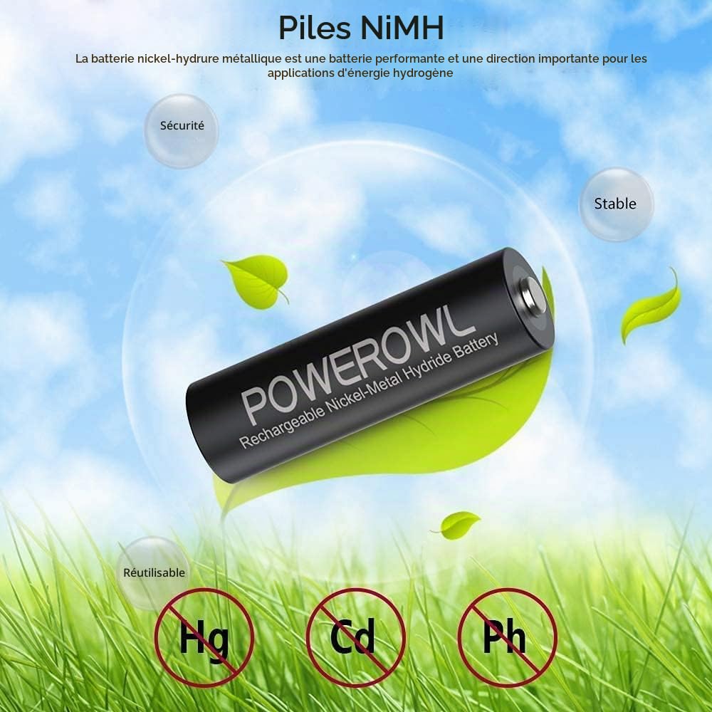 POWEROWL Piles Rechargeables AA AAA préchargées Haute capacité 2800mAh et 1000mAh 1.2V NiMH Batterie Faible Auto-décharge, Paquet de 32 PCS