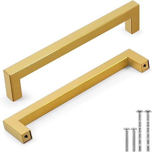 Flexzion Manijas y perillas doradas para gabinete, 6.25 pulgadas, modernas manijas cuadradas para cajones de cocina, baño, tocador, repuesto de