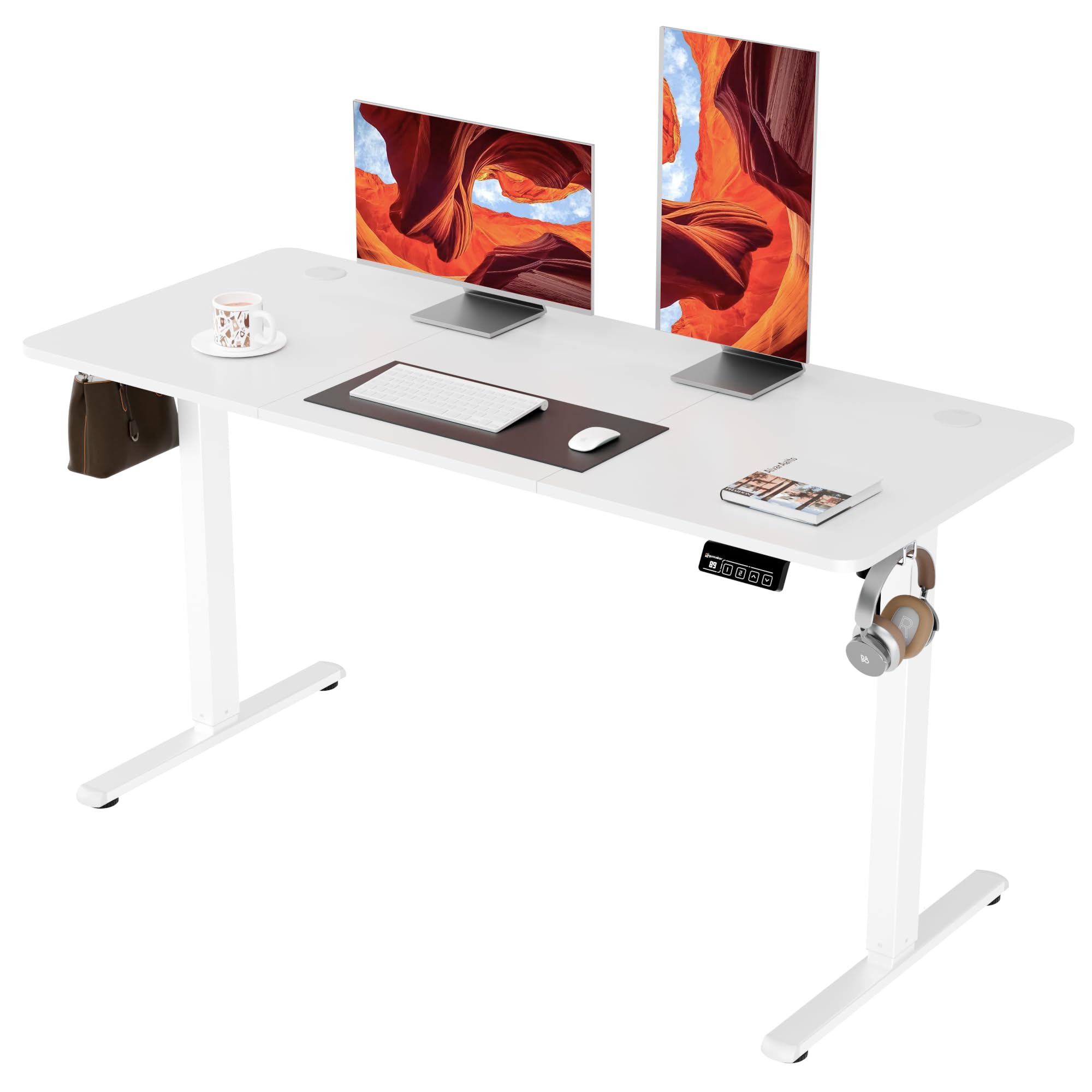 ERGOMAKER Electric Height Adjustable Standing Desk 140x60cm (55.1"x23.6"), Sit Stand Desk with Splicing Top for Home Office (White Frame, White Desktop)