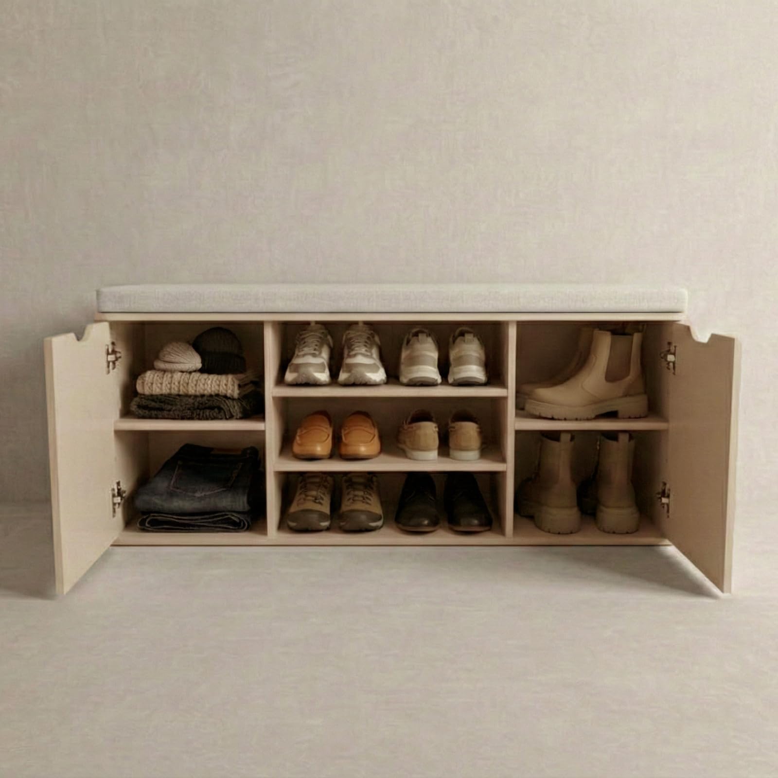 Schuhschrank mit Sitzbank 103 x 30 x 46 cm MDF Polyester Polsterung Flurbank Stauraum hellgrau