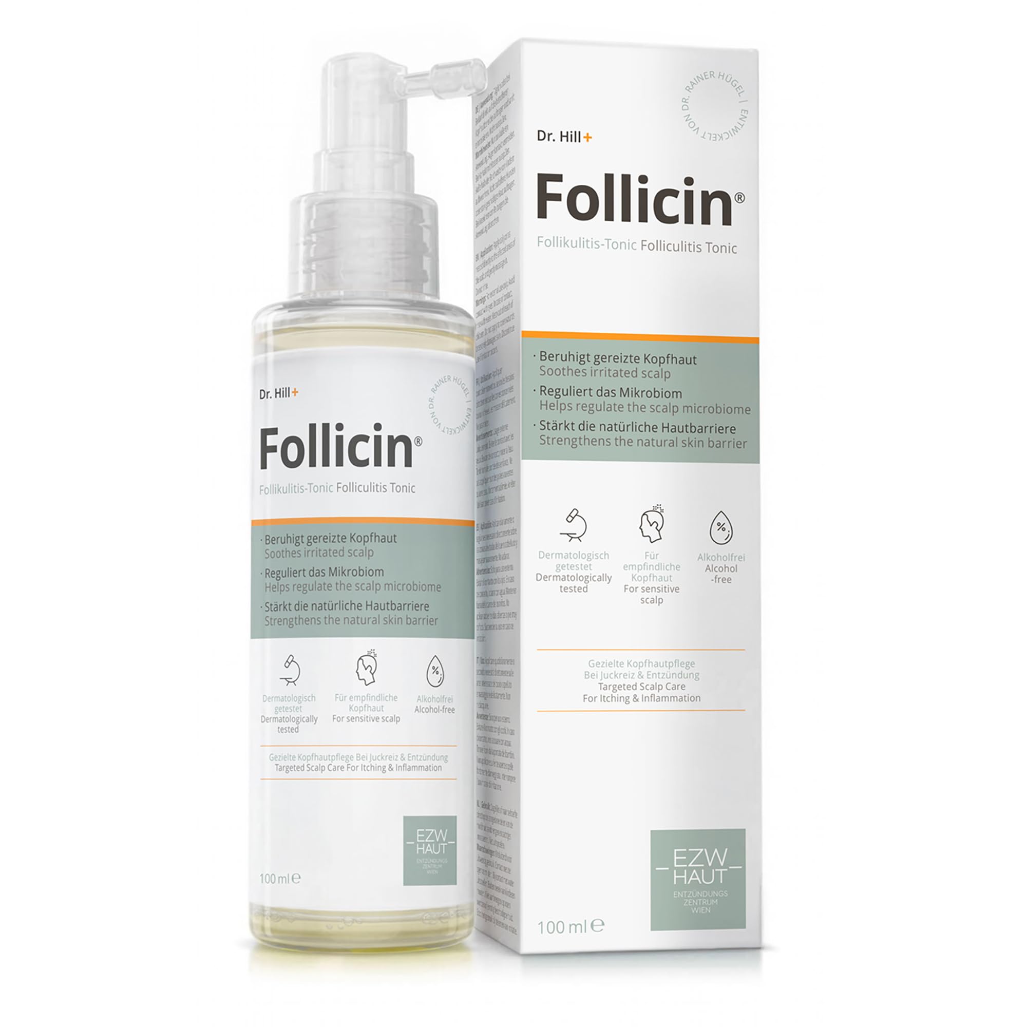 Dr. Hill Follicin® Leave-In Kopfhaut-Tonic – Dermatologisch entwickelt – Für empfindliche, gereizte Kopfhaut – Beruhigt Juckreiz & sichtbare Rötungen – pH-hautneutral, parfumfrei, alkoholfrei – 100 ml