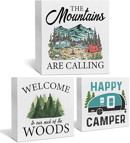 Juego de 3 letreros de madera para camping, juego de bloques de madera con temática de bosque, caja de madera, placa para decoración de bandeja