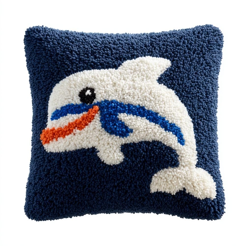 AxiangziK Pre-Printed Latch Hook Pillow Kit,Cute Dolphins 17x17 inch Latch Hook Cushion Kits for Adults Beginners,DIY Embroidery Cushion for Home Sofa Decor & Gift Idea