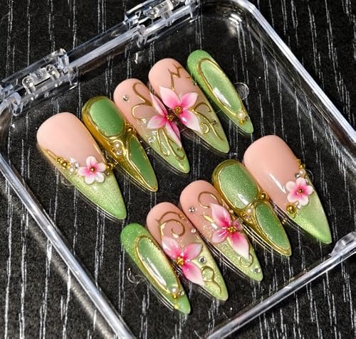 Appife Green 3D Floral Long Almond Press On Nails