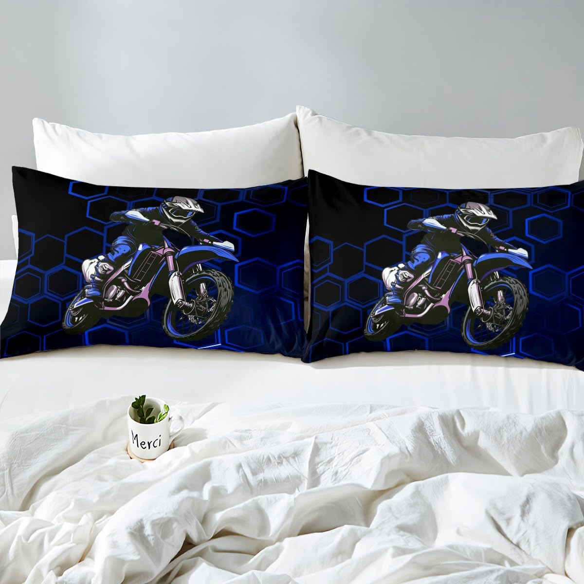 Loussiesd Blue Dirt Bike Duvet Cover Set Single Size For Kids Boys Teens Bedroom Hexagonal Honeycomb Bedding Set Geometric Extreme Sports Comforter Cover with 1 Pillowcase - Image 4