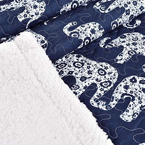 Lush Decor Navy Elephant Parade Throw Fuzzy Reversible Sherpa Blanket 60” X 50 White #TOP2