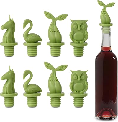 8 pcs Wine Stoppers, CNYMANY Reusable Silicone Animal Beverage Bottle Sealer Replacement with Grip Top for Cork to Keep The Wine Fresh - Green