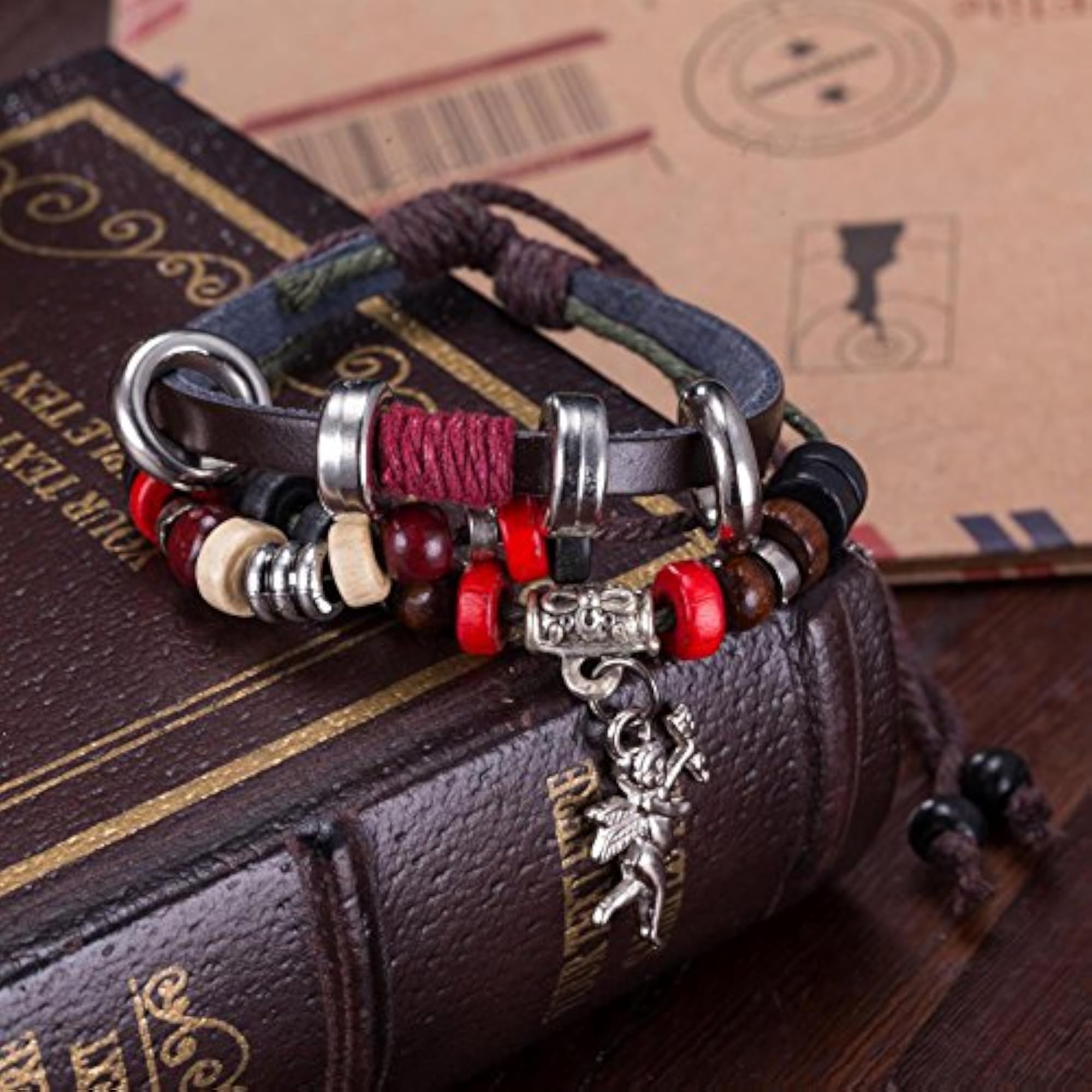 Leather Multi-Strand Cupid Charm Bracelet, Gift for Her