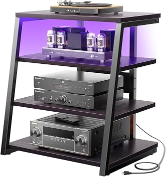 iSunirm HiFi Stand, AV Media Stand with Outlets, 4-Tier Media Console with LED Lights, Record Player Stand With Storage Shelves, Stereo Racks and Stands Media Audio Tower Cabinet, Black