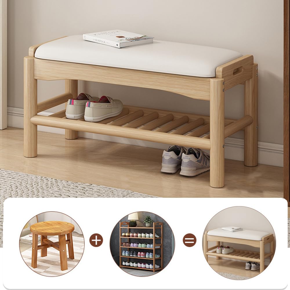 Schuhbank aus Holz, 2-stöckig, stabil, Aufbewahrungs-Organizer mit Sitzkissen, kleiner Schuh-Organizer (Original Holz)