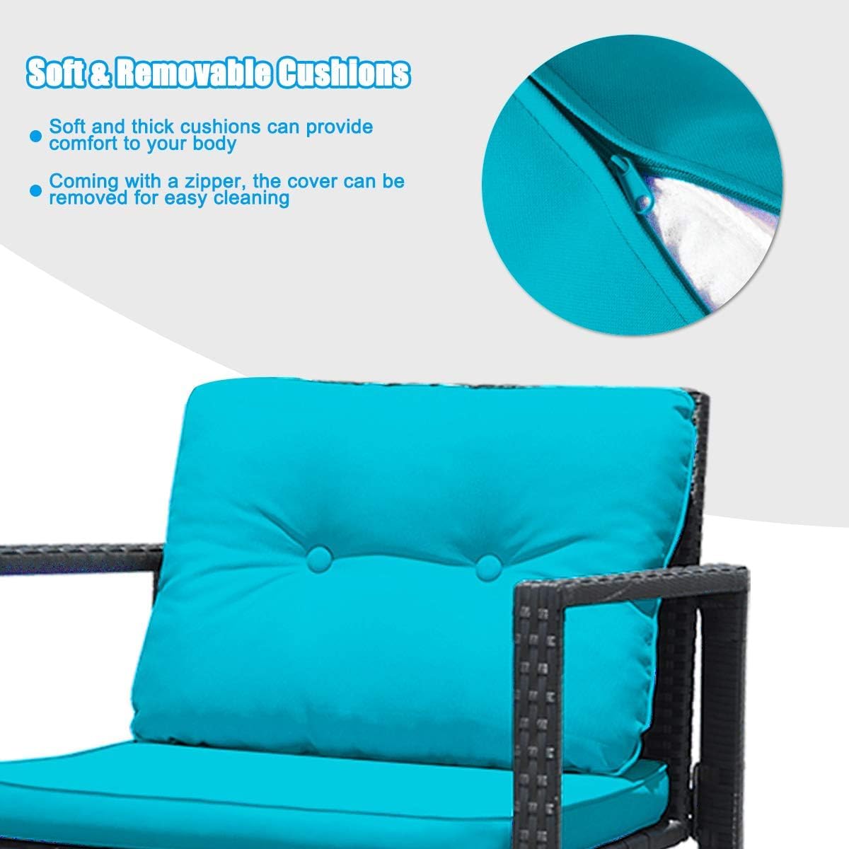 DORTALA 3 Pieces Patio Furniture Set, Rattan Rocking Chair and Glass Coffee Table with Cushions, Outdoor Wicker Conversation Bistro Set of 3 for Backyard Poolside, Turquoise