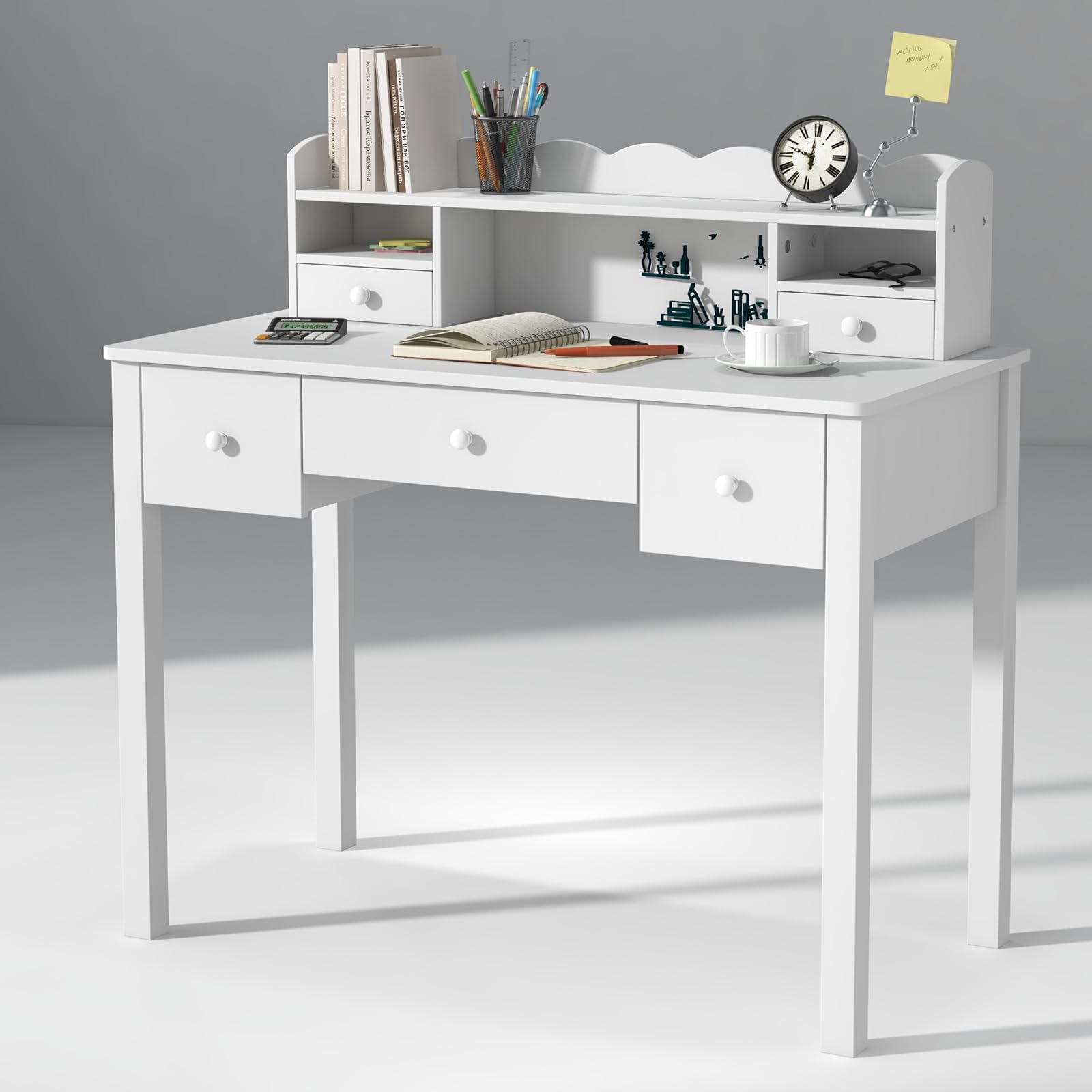 FUNKOCO Writing Desk with Hutch 40 Small White Desk for Girls 5 Drawers | Modern Student Desk for Study Teen Desk for Bedroom Home Office Ideal for Gift product thumbnail 3