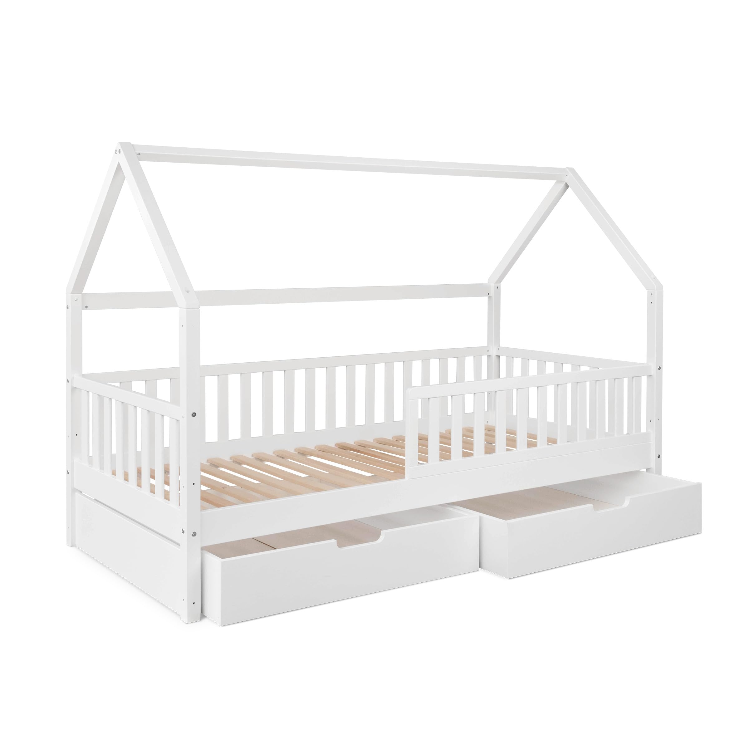 Ehrenkind® Hausbett Buche Livo | FSC Zertifiziert | Kinderbett mit Rausfallschutz | höhenverstellbar Massivholz | Kinder Bett | Hausbett 200x90 | weiß mit Doppelschublade