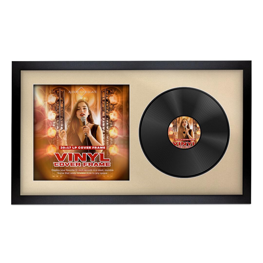Alison Kingsgate 30×17” Black Vinyl Record Frame- Fits 12” LP Cover & Disc - Engineered Wood with Shatterproof Perspex - Stylish Sleek Display for Your Home or Music Collection - Ivory Mount