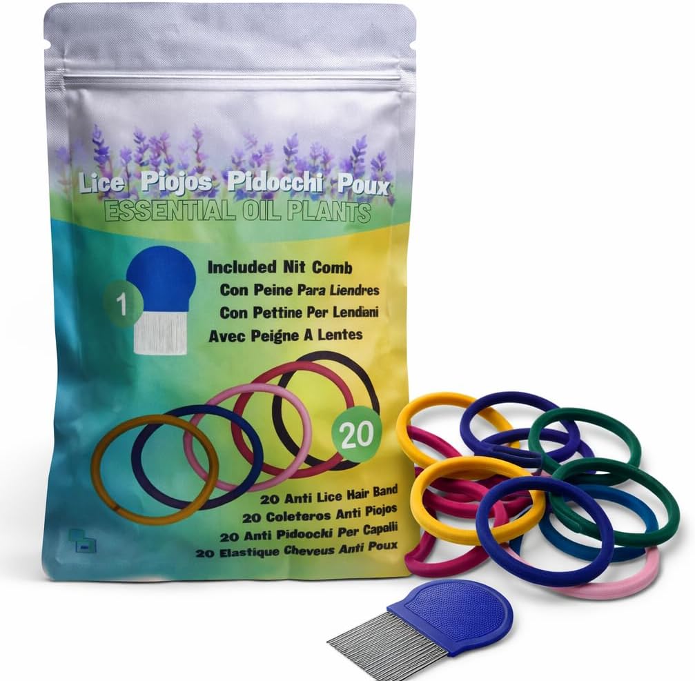 – Anti-Lice Hair Bobbles | Pack of 20 in Zip Pouch | 100% Natural Essential Oils | Lavender Rosemary Tea Tree Peppermint | Includes Nit Comb