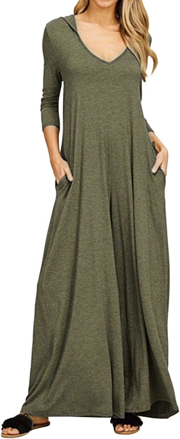 Jacansi Women's 3/4 Sleeve Midi Dress, Casual Loose Fit Solid Color Dress with Pockets, Soft Lightweight Everyday Dress