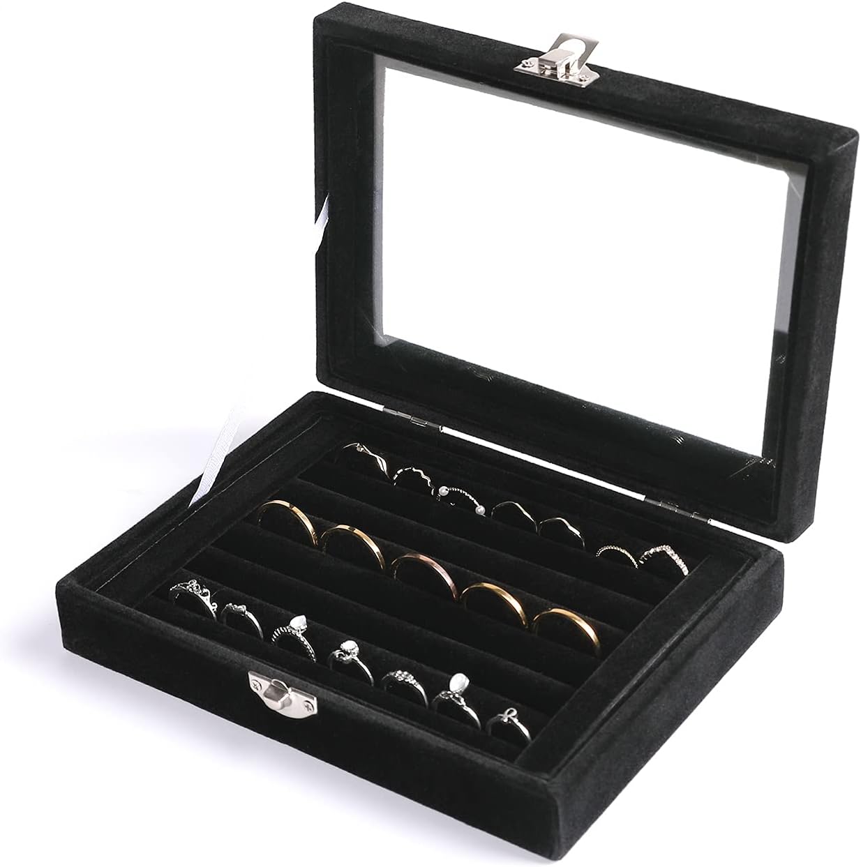 Frebeauty Rings/Earring Organizer Tray with Clear Lid,7 Slots Ring Box Velvet Ring Holder Drawer Insert Jewelry Storage Box Jewelry Display Case Jewelry Box Gift for Women and Girls(Black,7 Slots)