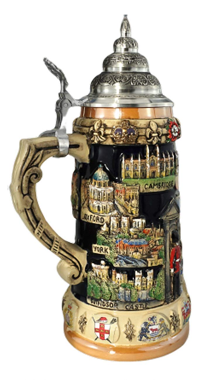 KING Boccale da Birra tedesco Panorama dall'Inghilterra 0,75 litri, cobalto, dipinto a mano, con coperchio