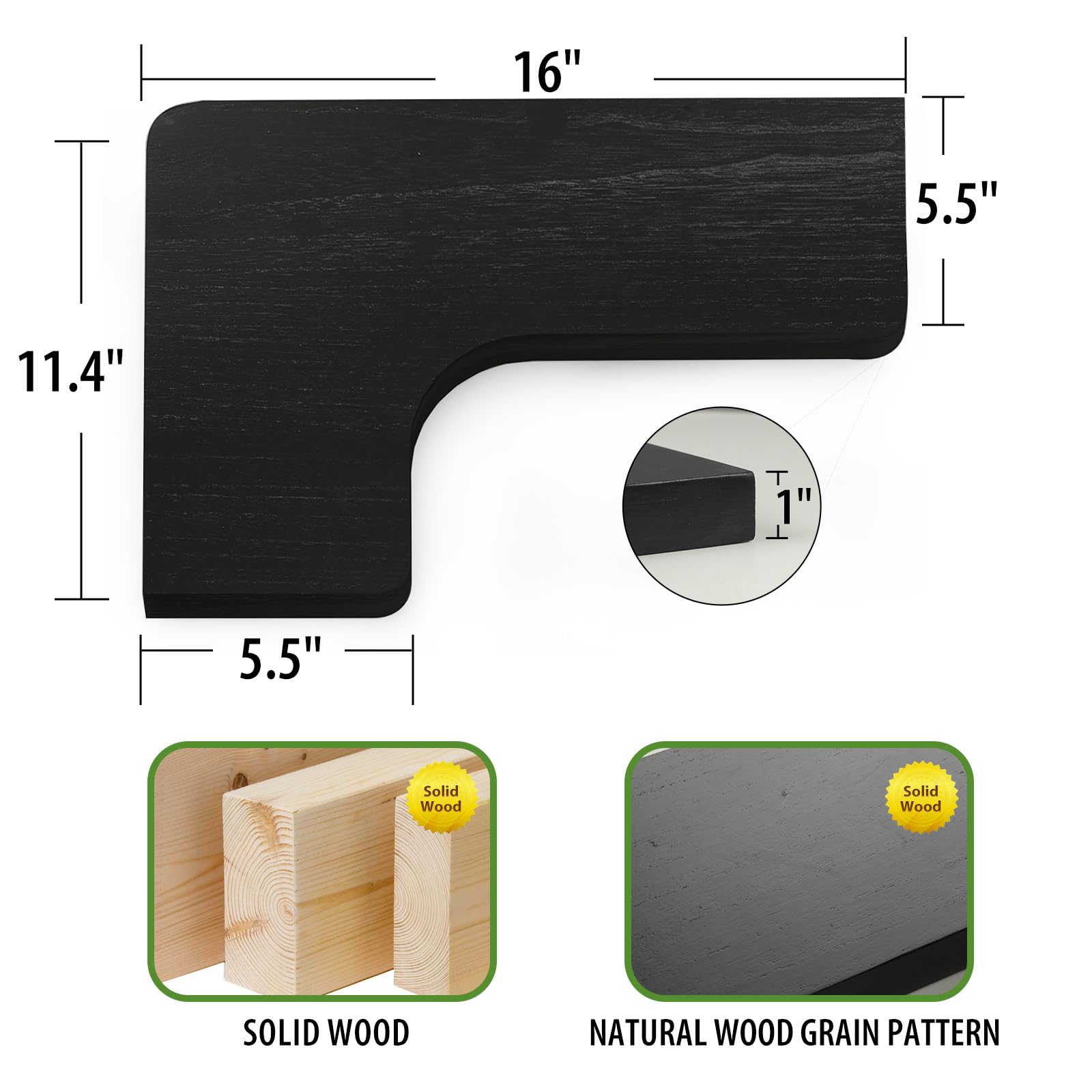 SAUMONIERES Juego de 3 estantes flotantes de esquina de madera maciza para dormitorio, baño, cocina, almacenamiento, color negro, soportes invisibles
