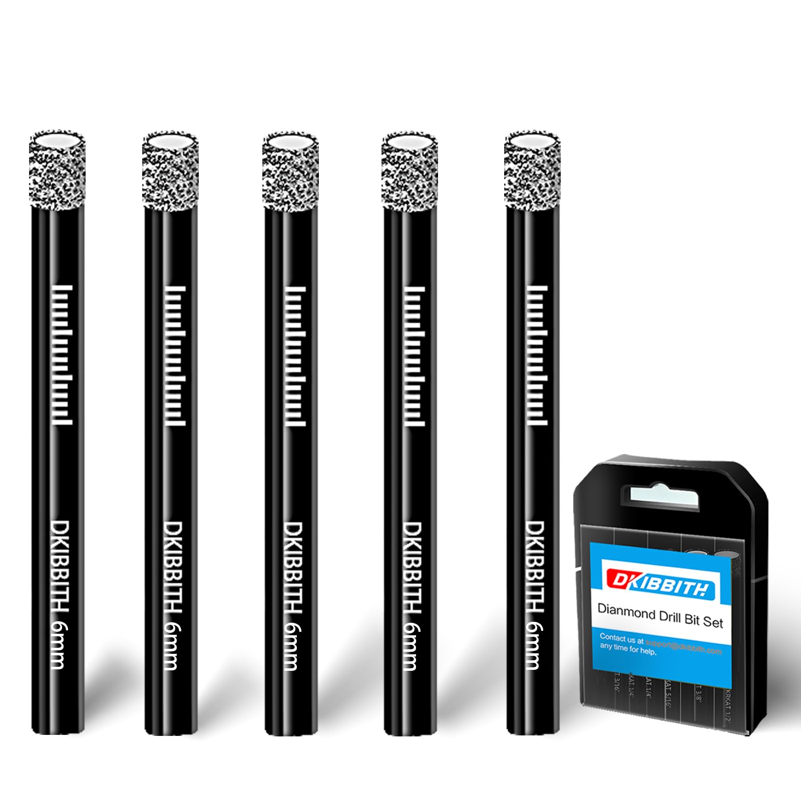 DKIBBITH 5-Pack 6mm Dry Diamond Drill Bits Set, Tile Drill bits for Ceramic Porcelain Marble Granite Tile Stone Glass Brick, Integrated Coolant for Fast Dry Drilling, Round Shank, with Storage Case.