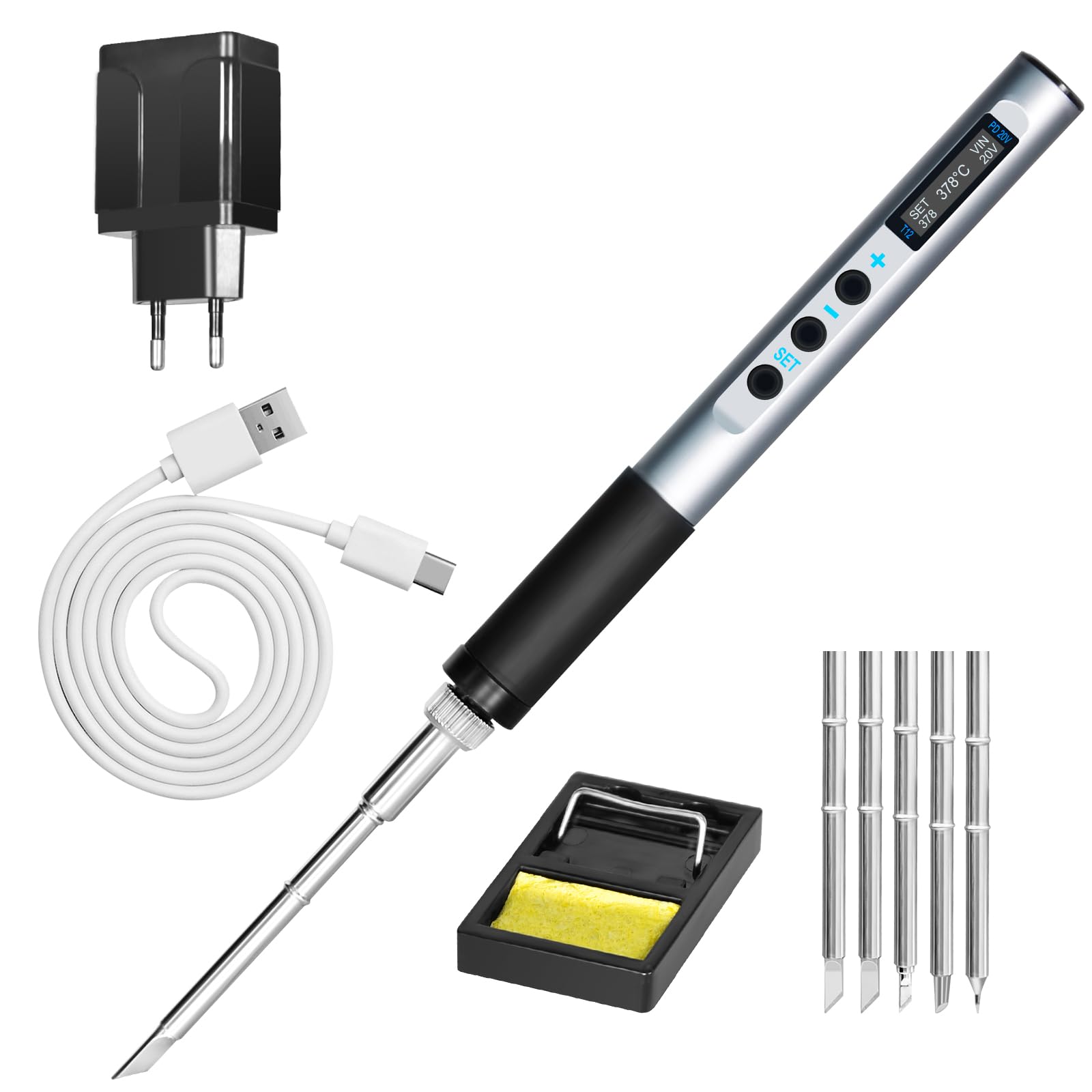 Soldador Estaño, Soldador de Estaño Profesional de 65W con Pantalla OLED, 5 Puntas de Soldador, 180-450℃ Calentamiento Rápido, Hibernación Automática; Soporte de Alambre de Soldadura Para Soldadura,